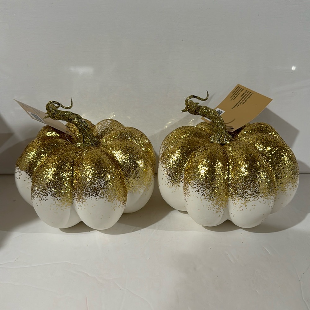 NEW Fall Gold Glitter Pumpkins Foam Pumpkin Decorations Fall Decor Metallic 2pcs